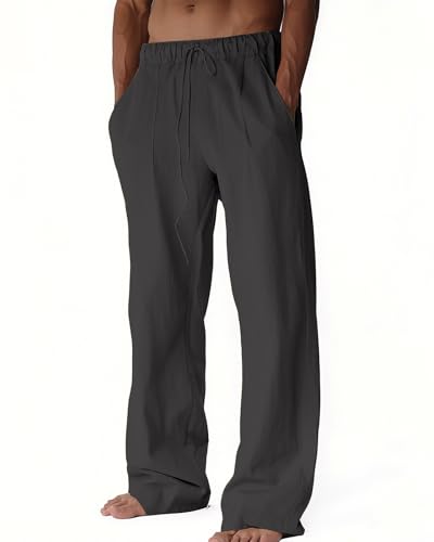 BUXKR Men's Linen Pants Beach Casual Cotton Summer Lightweight Elastic Waist Drawstring with Deep Pockets Dark Grey