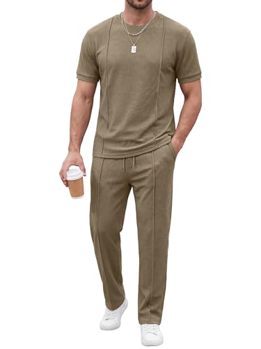 JMIERR 2 Piece Set for Men 2026 Crewneck Drawstring Tracksuit Summer Vacation Athletic Texture Sportwear Suits,S,Khaki