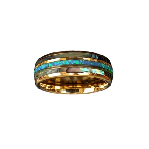 Blue Opal Ring 14K Gold Wedding Band Tungsten Rings with Abalone Inlay 8mm Yellow Gold Mens Wedding Bands Tropical Nature Inspired Gifts for Him