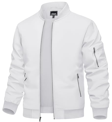 TACVASEN Bomber Jacket Men White Jacket Zip Up Jackets Fall Bomber Jackets Light Windbreaker Coats Casual Stylish Flight Coats with Inner Pockets