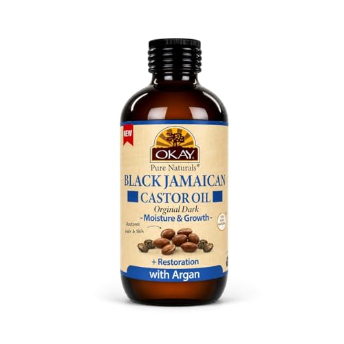 OKAY Pure Naturals Black Jamaican Castor Oil with Argan Oil - Castor for Hair Health, Moisture for Skin, Face, Scalp, Eyelashes, Eyebrows, for Men & Women - 4 Fl Oz Glass Bottle (1 Pack)