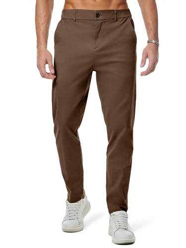 JMIERR Men's Stretch Chino Pants Business Casual Essentials Elastic Waist Classic Fit Tapered Cotton Twill Work Athletic Golf Dress Chocolate Brown Trousers, M, Coffee