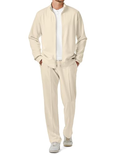 JMIERR Track Suit Mens Sweatsuit Casual Sports Jogging Sets Sweat Suit Full Zip Loungewear Sets Cream Textured Two Piece Outwear Regular Fit for Early Fall Spring, M, Beige
