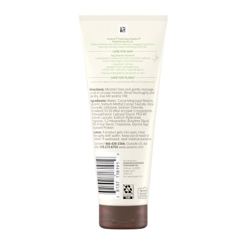 Aveeno Positively Radiant Skin Brightening Daily Facial Scrub with Moisture-Rich Soy Extract, Gently Exfoliates & Cleanses for Soft, Smooth, More Even-Toned Skin, Hypoallergenic, 7 oz