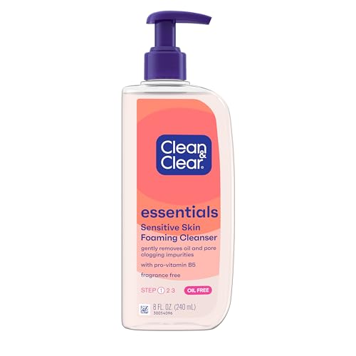 Clean & Clear Essentials Oil-Free Foaming Facial Cleanser, Daily Foaming Face Wash with Pro-Vitamin B5 for Sensitive Skin, Gently Removes Oil & Pore-Clogging Impurities, Fragrance-Free, 8 fl oz