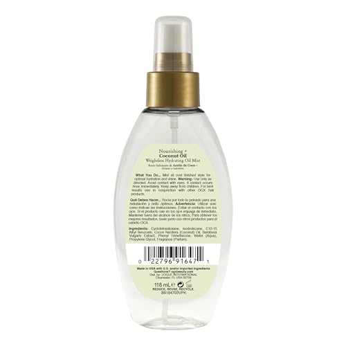 OGX Nourishing + Coconut Oil Weightless Hydrating Oil Hair Mist, Lightweight Leave-In Hair Treatment with Coconut Oil & Bamboo Extract, Paraben & Sulfate Surfactant-Free, 4 Fl Oz