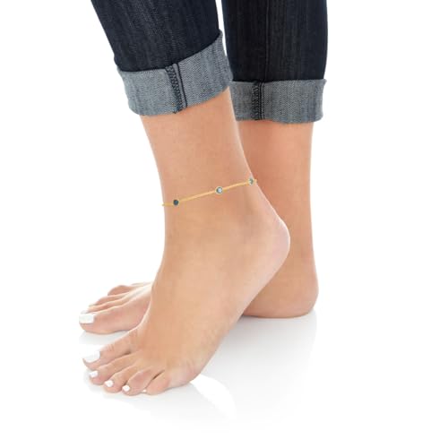 Floreo 14k Yellow Gold 4mm Round Created Aquamarine Birthstone Cable Bracelet or Anklet, 8 Inch