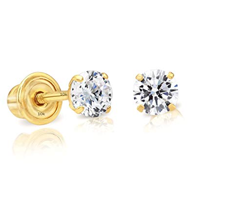 Art and Molly 10K Gold Round CZ Stud Earrings, Screw Back, Tiny Small Solitaire Cubic Zirconia Solid 10-karat Gold (2.5mm, Yellow Gold)