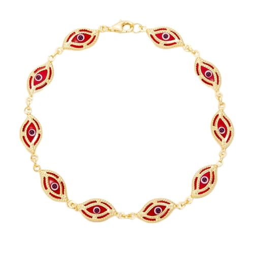 14k REAL Yellow Gold Red Evil Eye Bracelet - 7.5"