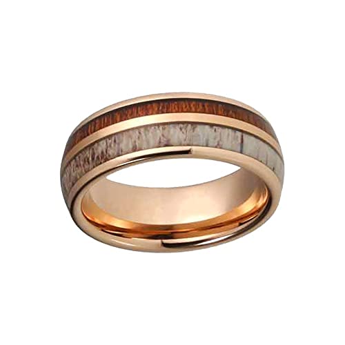 Deer Antler Rings for Men Rose Gold Wedding Band with Koa Wood and Antler Inlay - Rustic Tungsten and Wood Rings for Him