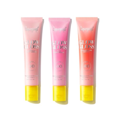 Supergoop! Glow Gloss SPF 40 Lip Balm Trio - Includes Vanilla Soft Serve, Strawberry Spritz & Pink Peppermint - Broad Spectrum Protection with a Non-Sticky, High-Shine Finish - 0.5 Fl Oz (Pack of 3)