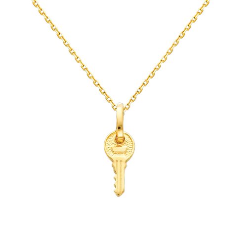 The World Jewelry Center 14k REAL Yellow Gold Key Pendant with 0.9mm Cable Chain Necklace - 22"