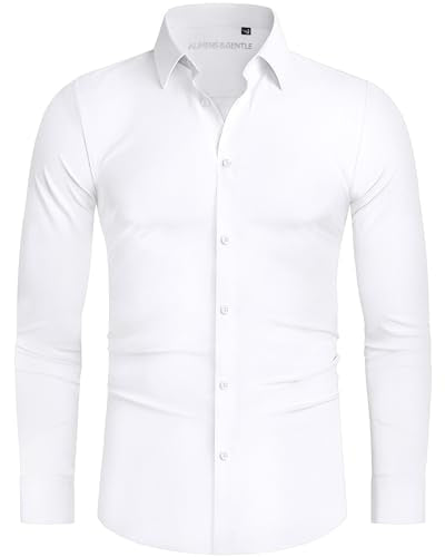 Alimens & Gentle Stretch Mens Dress Shirts Tuxedo Shirts for Men Slim Fit Long Sleeve Casual Skinny Muscle Fit Wrinkle Free Button Down Shirt White
