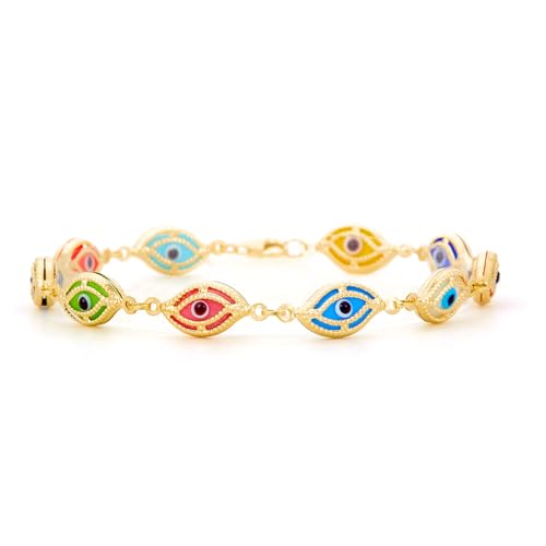 14k REAL Yellow Gold Multi Color Evil Eye Bracelet - 7.5"