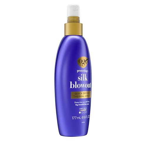 OGX Protecting + Silk Blowout Quick Drying Thermal Protection Spray, Heat Protectant Spray Shields Hair up to 450°F For Soft, Shiny Hair and Big, Beautiful Blowouts, Light Hold, 6 fl. oz