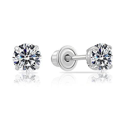 14k White Gold Solitaire Round Cubic Zirconia Stud Earrings Screw-back 4mm