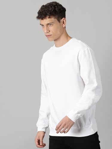 Klizzer Luxury Sweat Shirts, Men - Ultra Soft Men’s Fleece Pullover - 100% Cotton Sweatshirts - Warm Regular Fit - Plain Crewneck Top for Adults (White, L)