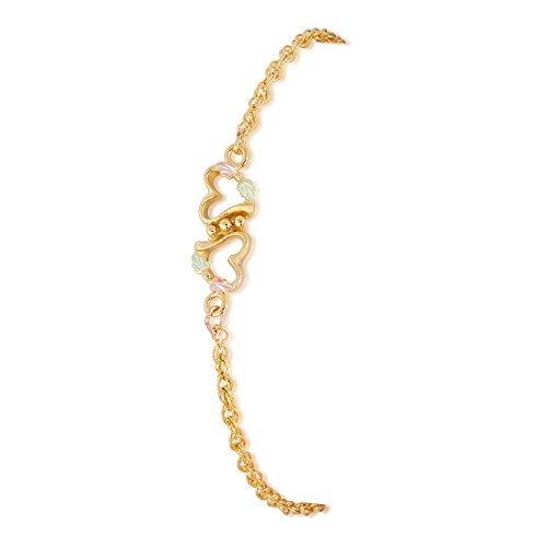 Black Hills Gold Dual Hearts Ankle Bracelet, 10k Yellow Gold with 12k Green and Rose Gold Accents, Tri-Color Heart Anklet for Women, 8.75 Inches