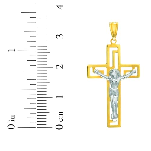 Floreo 14k Yellow Gold 1.1" Greek Key Jesus Crucifix Two-Tone Cross Charm Pendant with Adjustable Chain Necklace, 18 Inch