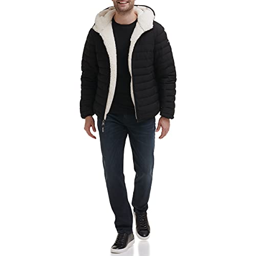 Calvin Klein Men's Lightweight Packable Down Jacket with Fleece Bib and Removable Hood,Black Stretch, X-Large