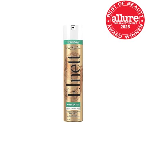 L'Oreal Paris Elnett Unscented Hairspray, up to 72-Hour Extra Strong Hold Formula with Humidity Resistant Frizz Control, Hairspray with Soft, Brushable Finish, 11 oz