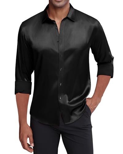 J.VER Men's Luxury Long Sleeve Dress Shirt Shiny Silk Like Satin Regular fit Shirts for Wedding Party Prom Shirt Black Medium