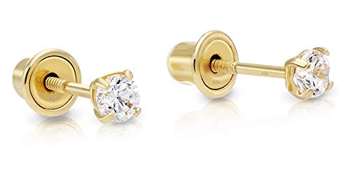 Art and Molly 10K Gold Round CZ Stud Earrings, Screw Back, Tiny Small Solitaire Cubic Zirconia Solid 10-karat Gold (2.5mm, Yellow Gold)