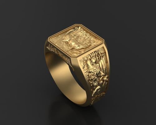 SilkenSaga Gothic Nature Inspire Deer Antler & Wolf Hunter Ring 14K Gold Plated Unique Wild Animal Head Biker Rider Nature Inspire Hunter Ring 925 Sterling Silver Handmade Animal Jewelry Gift