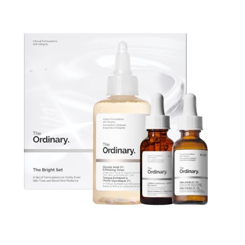 The Ordinary The Bright Set, 3-Step Regimen for Radiant, Even Skin Tone with Glycolic Acid 7% Exfoliating Toner, Alpha Arbutin 2% + HA, and Caffeine Solution 5% + EGCG Eye Serum | Skin Care Set