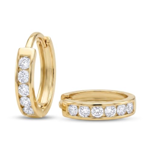 CZ Huggie Hoop Earrings, 10k Solid Yellow Gold, Dainty Cubic Zirconia Hoops 11mm, Minimalist Earrings for Women