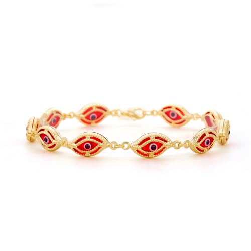 14k REAL Yellow Gold Red Evil Eye Bracelet - 7.5"