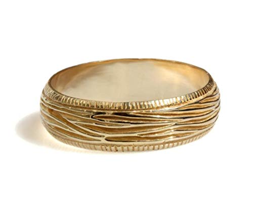 14k solid gold woodgrain tree bark textured rounded milgrain comfort fit men gold wedding band