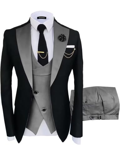 Wangyue Mens Suits Black Grey Tuxedo Mens 3 Piece Suit Slim Fit Tuxedo for Men Prom Wedding Suits Groomsman Dinner Party,L