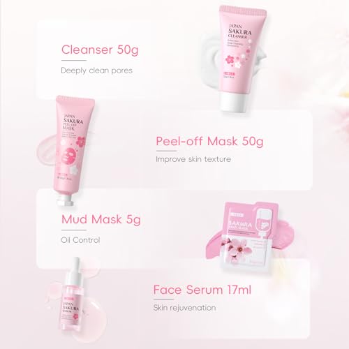 LAIKOU Sakura Skincare Set for Teen Girls, Complete Face Care Kit 34pcs