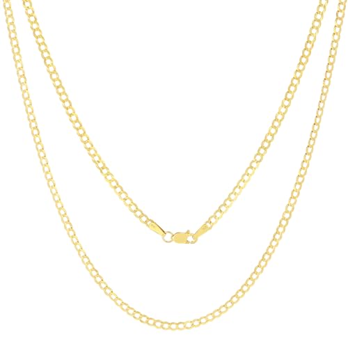 Nuragold 10K Real Yellow Gold Cuban Curb Solid Italian Link Chain Necklace - 22",2.5mm