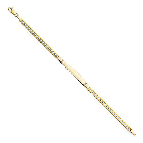 The World Jewelry Center 14k Real Yellow Gold White Pave 4mm ID Concave Curb Bracelet with Lobster Claw Clasp - 7.5"