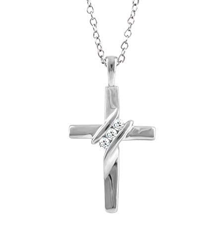 EternalDia 10K Gold Diamond Three-Stone Cross Necklace for Women Men | 18” Chain with Spring Ring Closure | Jewelry Pendant Necklace 0.05cttw, Color I-J, Clarity- I2-I3 | Mothers Day Gift