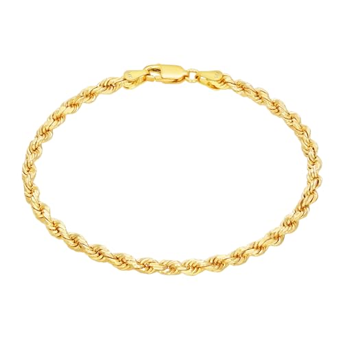 Nuragold 14k Real Yellow Gold Rope Chain Solid Diamond Cut Bracelet - 3.5mm - 8"