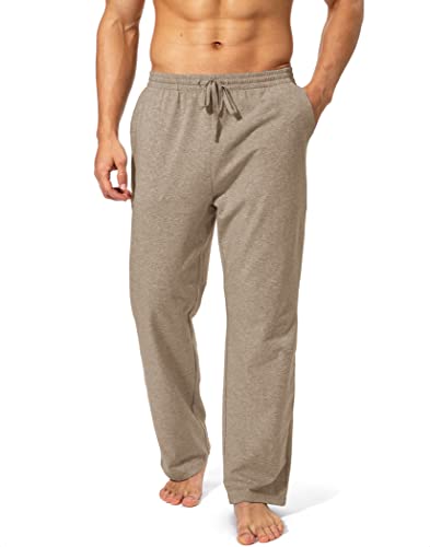 Pudolla Men's Cotton Yoga Sweatpants Athletic Lounge Pants Open Bottom Casual Jersey Pants for Men with Pockets (Khaki Large)