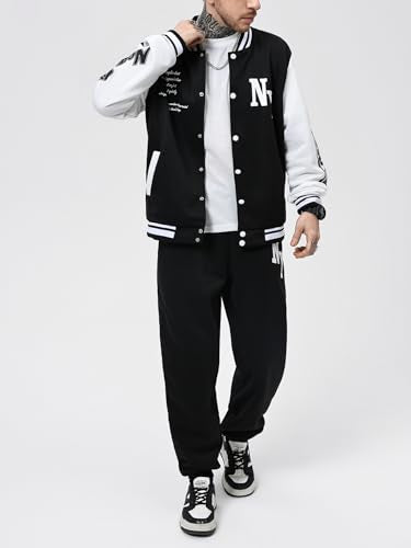 SOLY HUX Men's Tracksuit 2 Piece Outfits Color Block Letter Graphic Long Sleeve Varsity Jacket and Pants Set Black and White Letter Medium