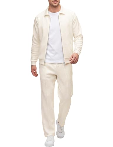 UOUA Mens 2 Piece Tracksuits Set Casual Jacquard Sweatsuits Outfits Full-Zip Jakcet & Loose Jogging Pants Beige L