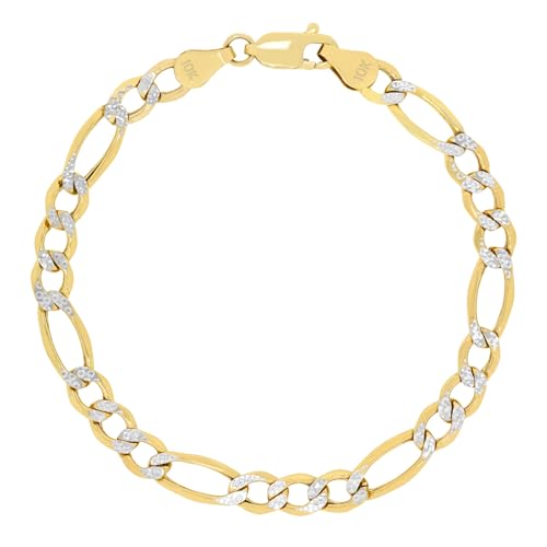 Nuragold 10k Real Yellow Gold Figaro 5.5mm Pave Diamond Cut Chain Bracelet - 8"