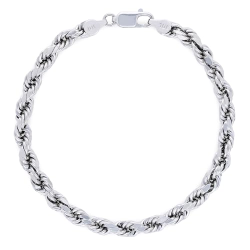 Nuragold 10K Real White Gold Rope Chain Diamond Cut Bracelet (2mm-5mm) - 5mm,9"