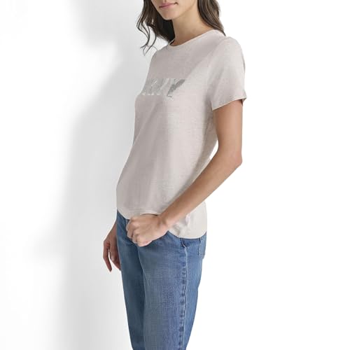 DKNY Women's Logo Soft Short Sleeve Top, Crtd Hr/Shiny Silver