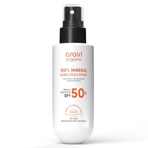 Aravi Organic 100% Mineral Sunscreen Spray SPF 50 | Broad Spectrum | Water Resistant 80 Min | Lightweight, No White Cast | Tan-Free Skin | Reef Safe + Oxybenzone Free | Zinc Oxide & Titanium Dioxide