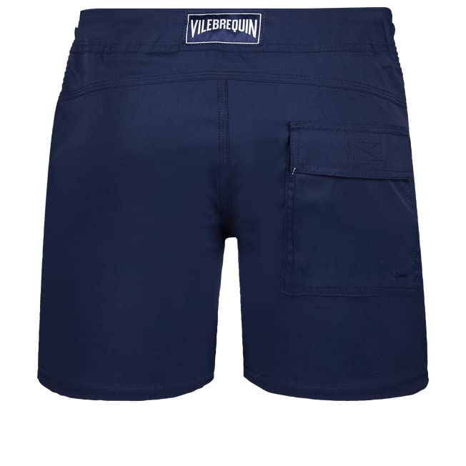 Vilebrequin Men Flat Belt Stretch Swim Trunks Solid, M, Navy Blue