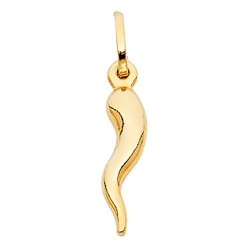 14k REAL Yellow Gold Cornicello Italian Horn Pendant with 0.9mm Cable Chain Necklace - 16"