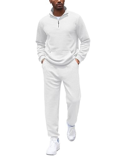 COOFANDY Men's Tracksuit 2 Piece Quarter Zip Sweatsuit Workout Plaid Jacquard Jogging Suit Set