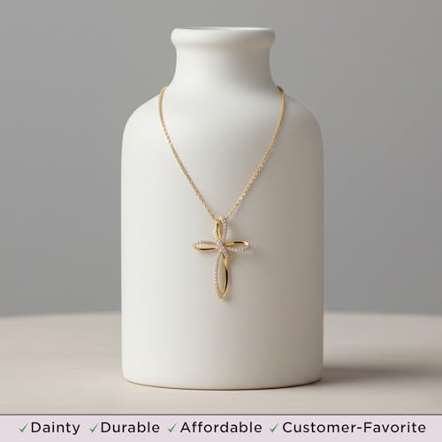 Jewelili 10K Yellow Gold Cross Necklace for Women, 18" Rope Chain