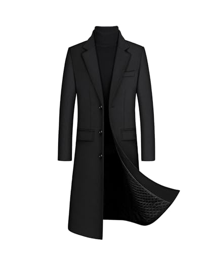 xxxiticat Men's Winter Trench Coat Long Sleeve Notch Lapel Single Breasted Quilted Cotton Long Overcoat Jacket Wool Pea Coat(BL,3XL)